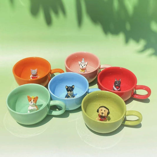 Colorful 3D Pet Mug – Custom Dog or Cat Inside | 6 Dopamine Colors | 1 or 2 Pets | 350ml Ceramic Cup
