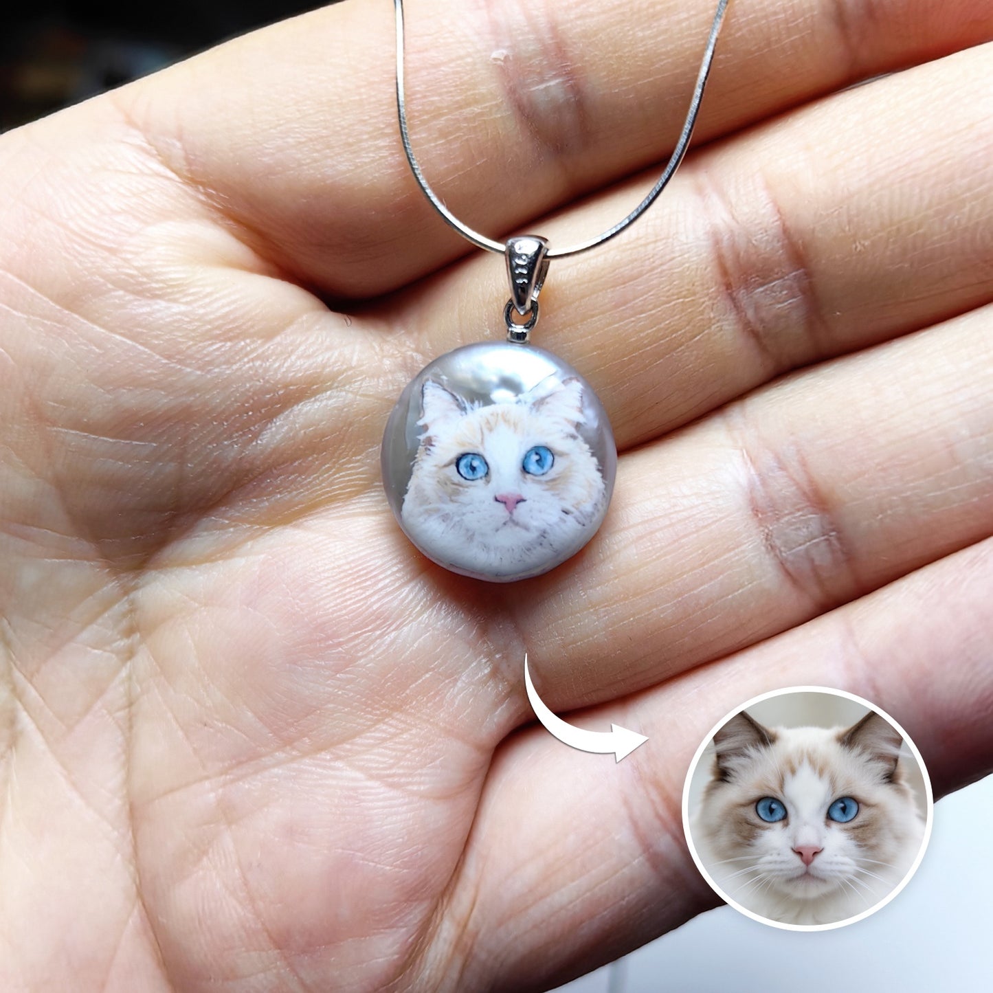 Custom Pet Portrait Pendant — Hand Painted on Pearl