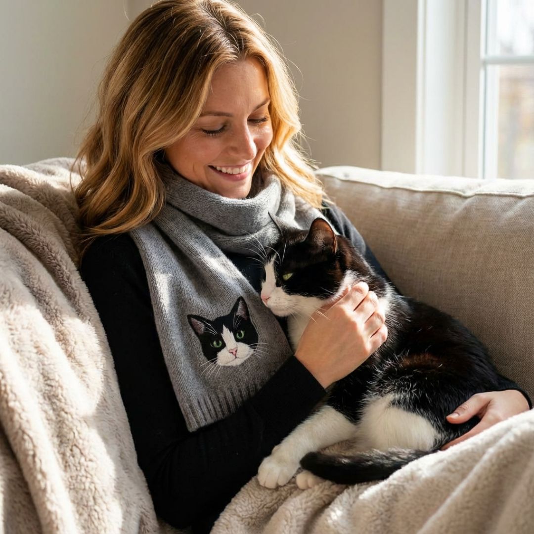🧣 Custom Pet Portrait Knit Scarf – Cozy Personalized Scarf for Pet Lovers